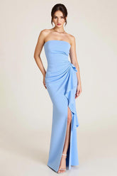 Himmelblaues Meerjungfrauen Hochzeitsgastkleid mit Rüschen und Schlitz